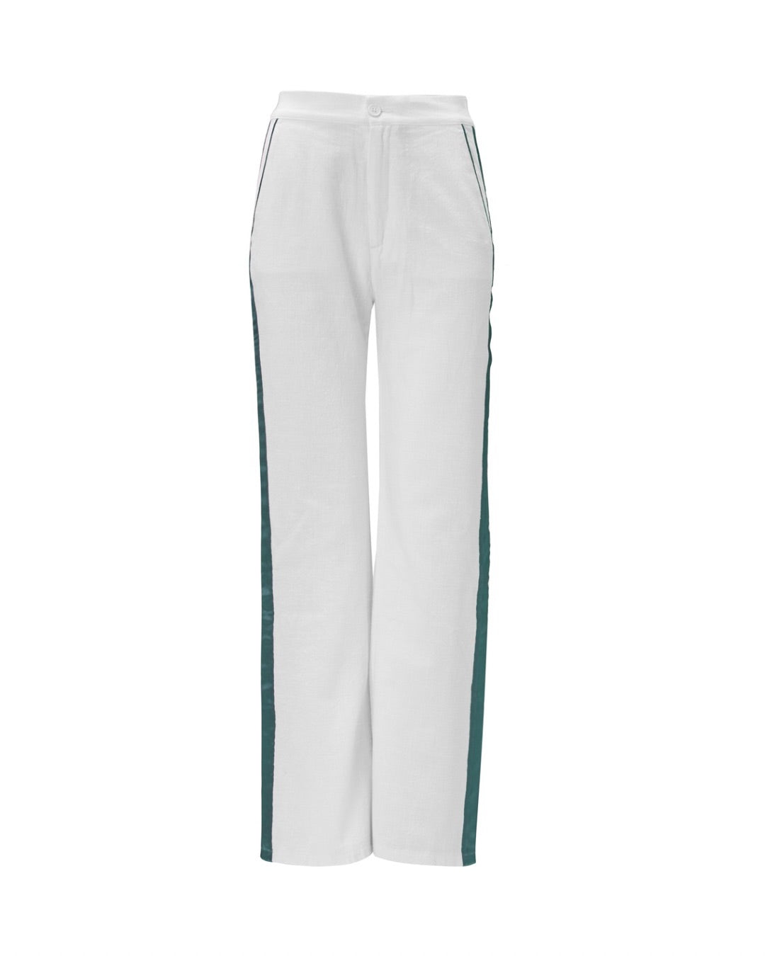White pants with a teal stripe down the side on a white background