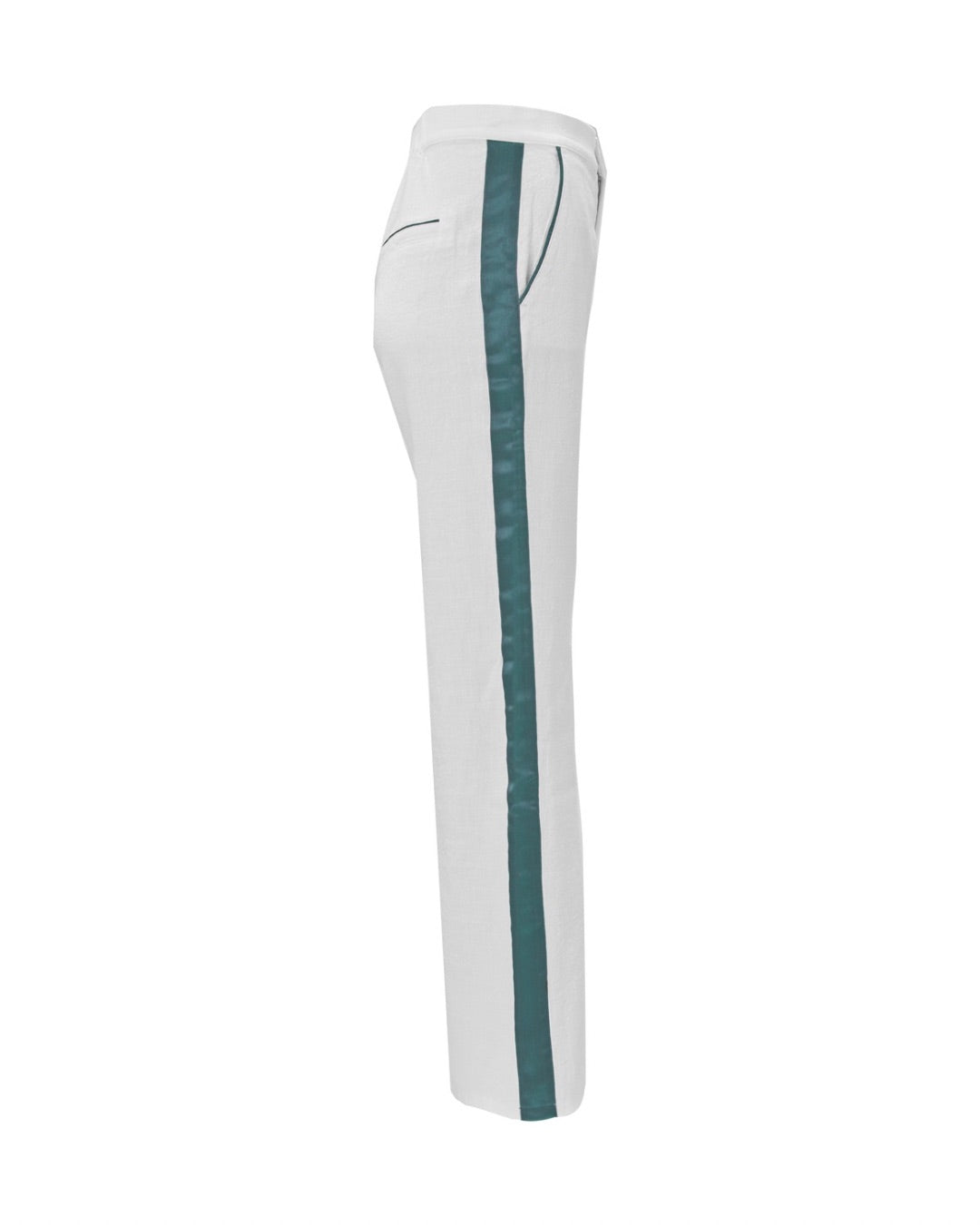 White pants with a teal stripe on a white background