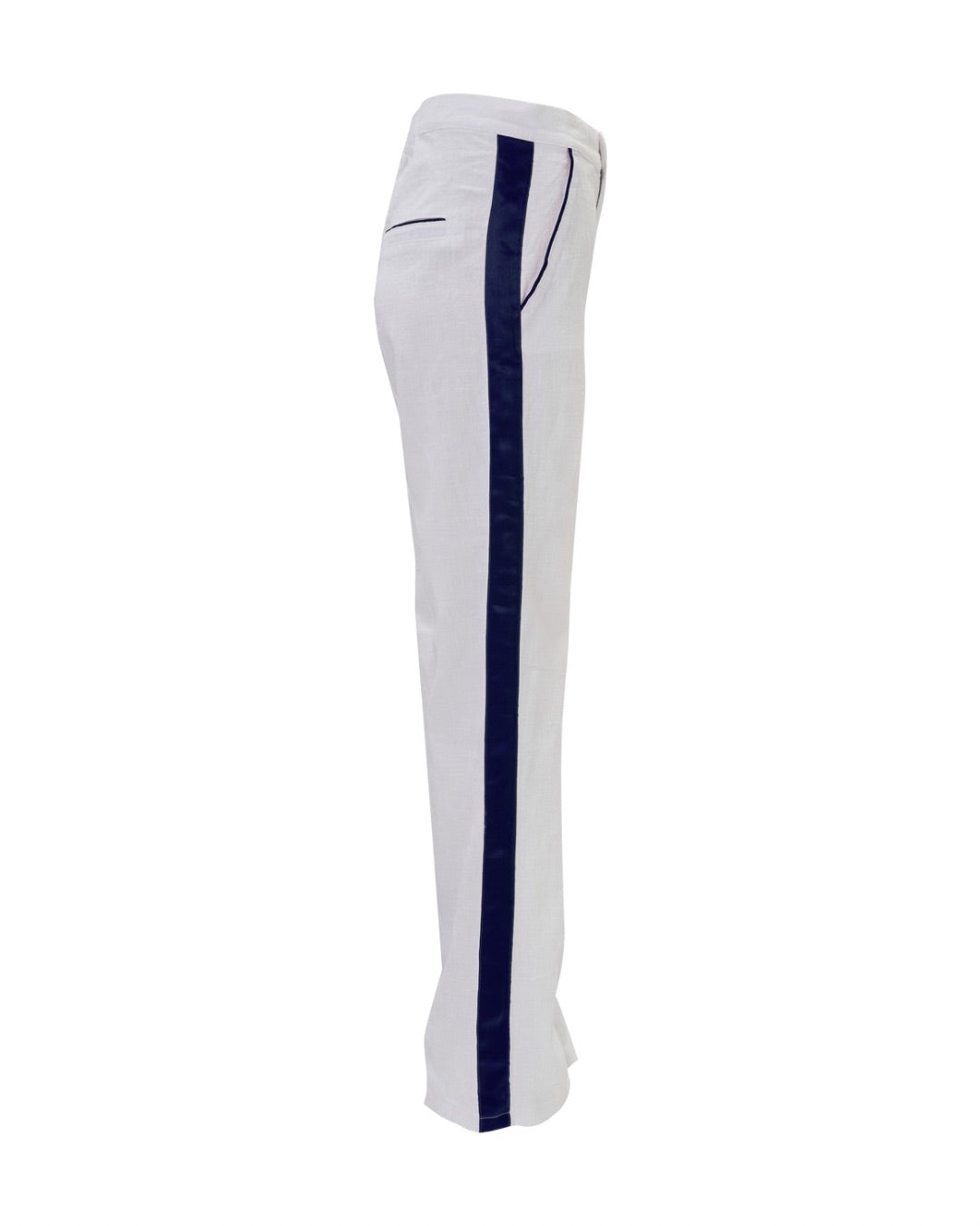 White linen trousers with a navy stripe on a white background