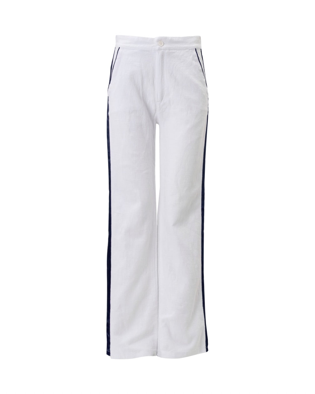 White pants with navy side stripes on a white background
