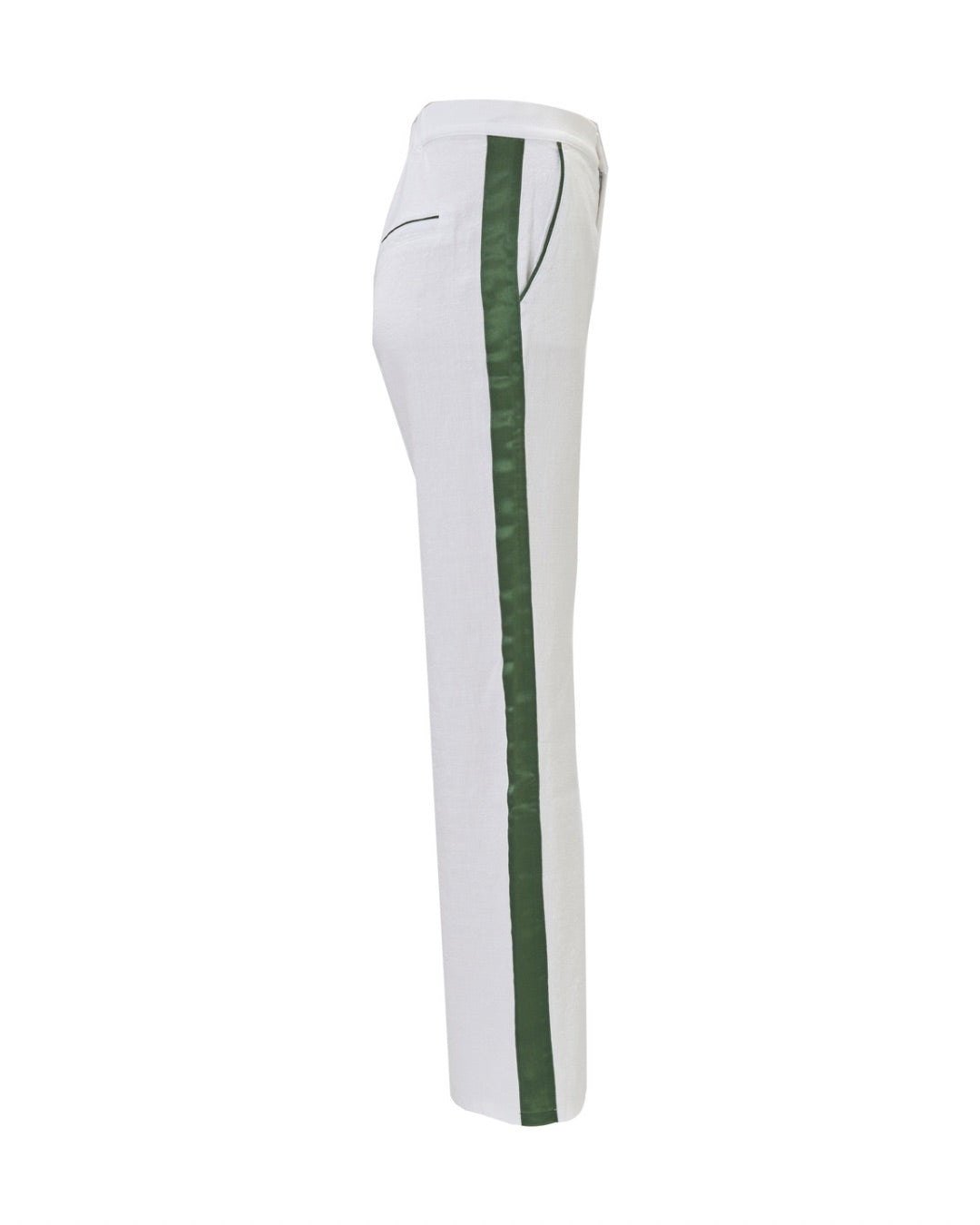 White pants with a green stripe on a white background