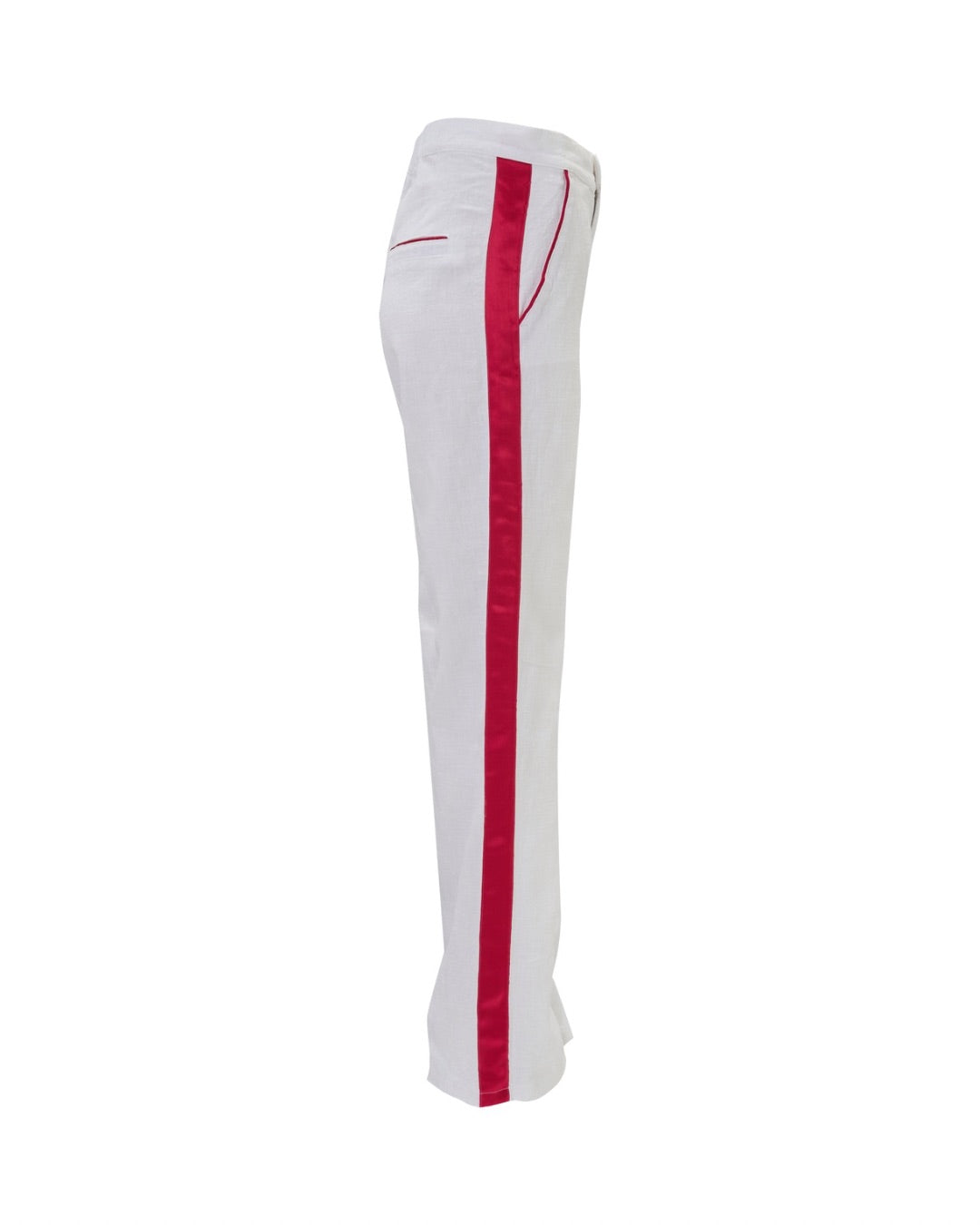 White linen trousers with a pink stripe on a white background