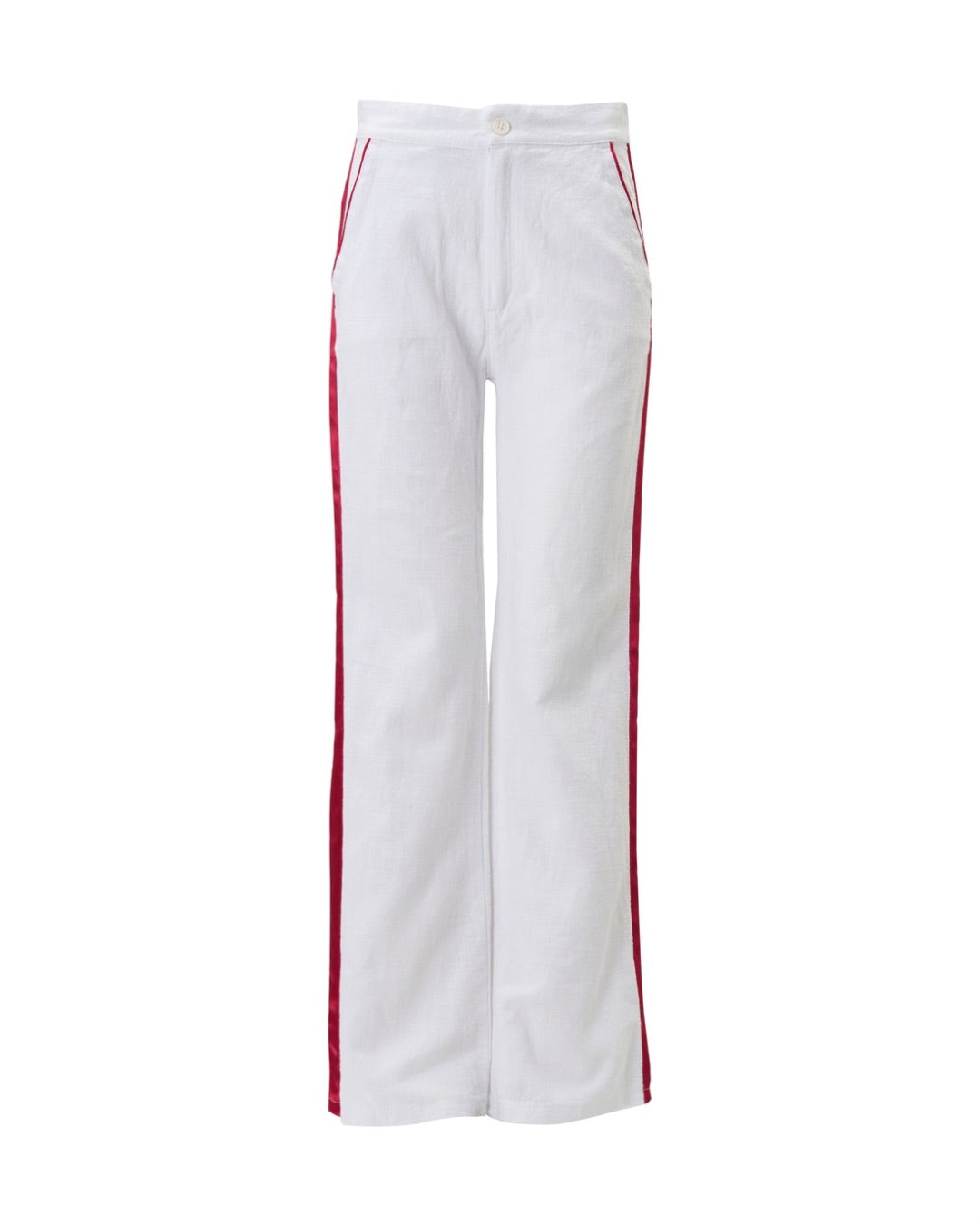 White pants with pink stripes on a white background