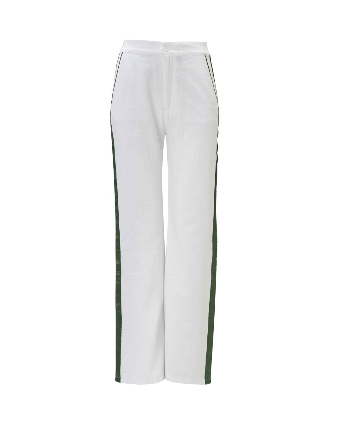 White linen trousers with green stripes on a white background